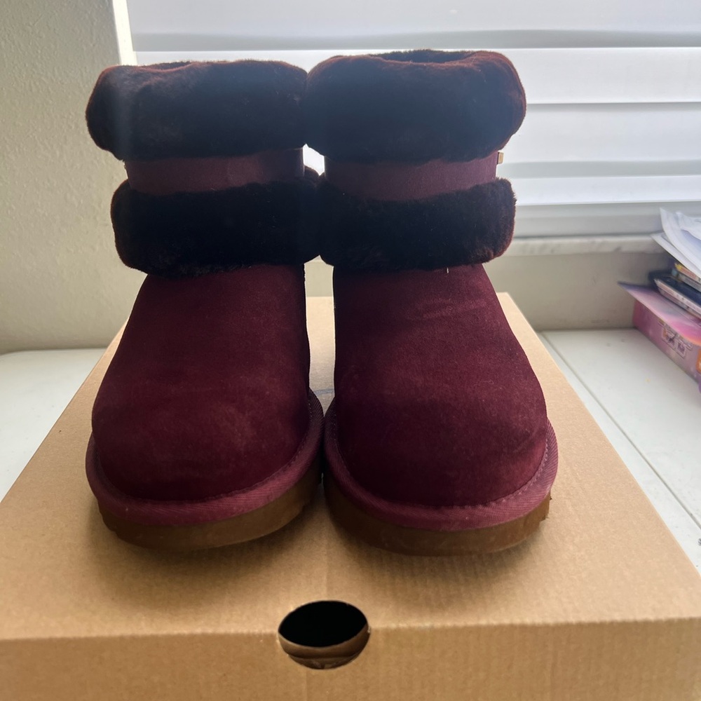 UGG Burgundy Suede Boots with Faux Fur Trim